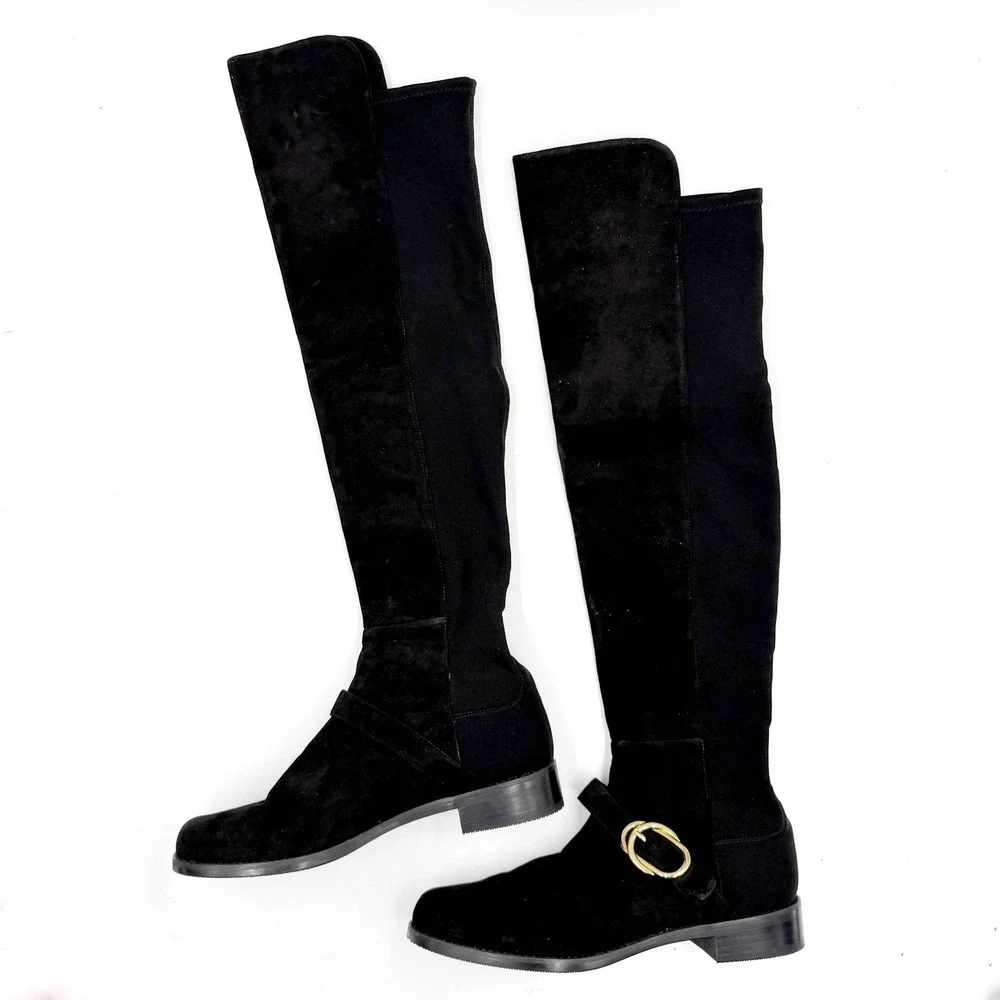Stuart Weitzman Siella 50/50 Boots Over the Knee Black Suede Pull On Flat Sz 7